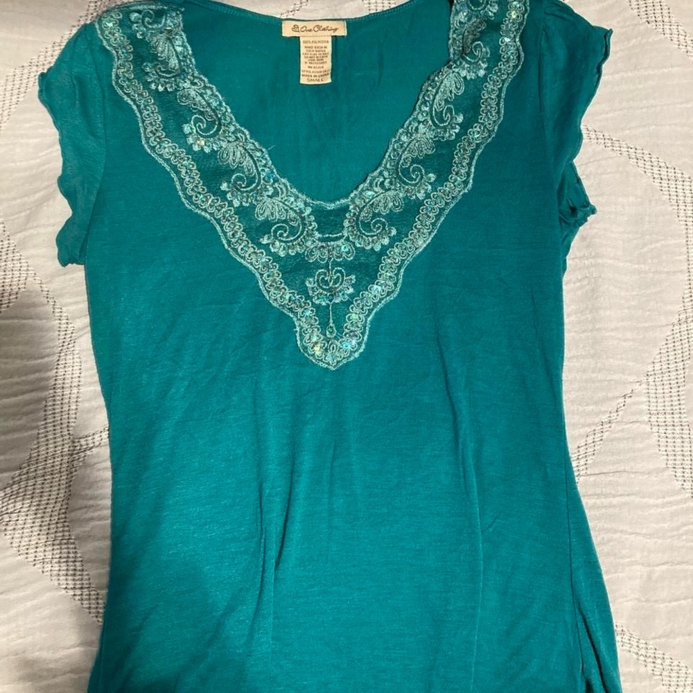 One Clothing Teal Top with Lace Accent